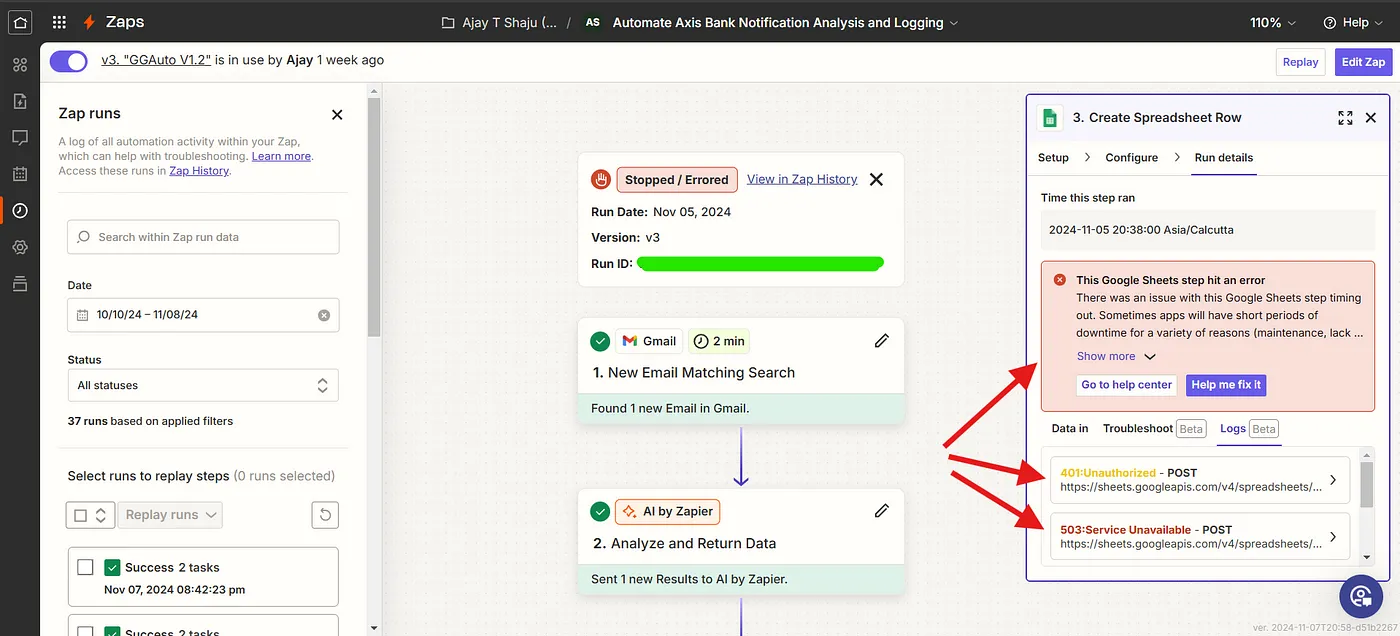 Zap failed to add sheet row